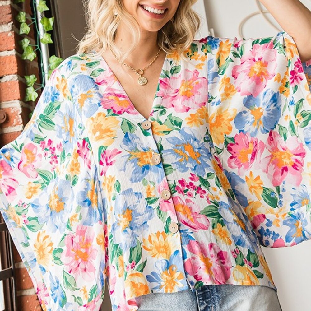 First Love Floral Print Short Wide Sleeve Button Down Top - NWT - Size M